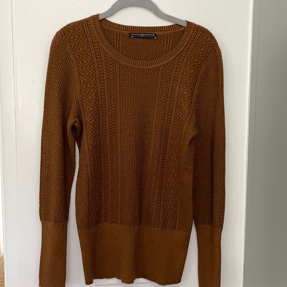 Peruvian Connection 100% Cotton Brown Knit Sweater